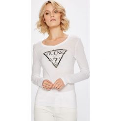 Guess Jeans - Bluzka. Białe bluzki damskie marki Guess Jeans, s, z nadrukiem, z bawełny, casualowe, bez kołnierzyka, bez rękawów. W wyprzedaży za 159,90 zł.