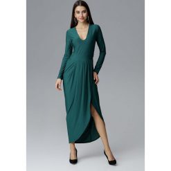 Zielona Wizytowa Długa Sukienka z Asymetrycznym Rozcięciem. Zielone sukienki damskie Molly.pl, na imprezę, xl, bez wzorów, eleganckie, z asymetrycznym kołnierzem, z długim rękawem, długie, maxi, ołówkowe. Za 199,90 zł.