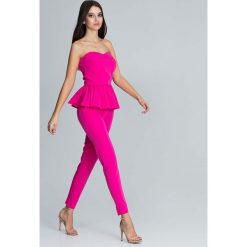 Fuksja Elegancki Komplet Gorsetowa Bluzka + Długie Spodnie. Czerwone bluzki damskie Molly.pl, s, bez wzorów, eleganckie, z falbankami, bez rękawów. Za 172,90 zł.