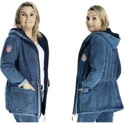 Jeansowa bluza z kapturem casual DENIM OVERSIZE PLUS SIZE. Niebieskie bluzy damskie Moda Size Plus Iwanek, na wiosnę, s, z aplikacjami, z elastanu, z długim rękawem, długie, z kapturem, trekkingowe. Za 199,00 zł.