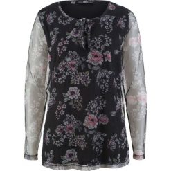 Shirt siatkowy w kwiaty bonprix czarno-różowy z nadrukiem. Różowe koszulki damskie marki bonprix, z nadrukiem, bez kołnierzyka, bez rękawów. Za 37,99 zł.
