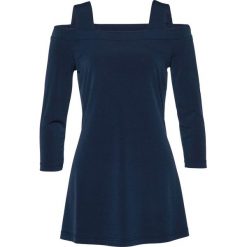 Długi shirt z odkrytymi ramionami bonprix ciemnoniebieski. Niebieskie koszulki damskie bonprix, bez wzorów, z materiału, eleganckie, bez kołnierzyka. Za 89,99 zł.