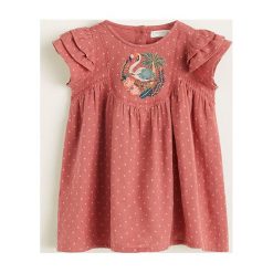 Mango Kids - Sukienka dziecięca Mingo 80-104 cm. Pomarańczowe sukienki dziewczęce Mango Kids, z haftami, z bawełny, casualowe, z krótkim rękawem, krótkie, mini, rozkloszowane. W wyprzedaży za 49,90 zł.