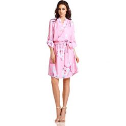 Sukienka kopertowa elegancka do kolan - pudrowy róż, l. Różowe sukienki damskie e-margeritka.pl, s, bez wzorów, z poliesteru, eleganckie, z długim rękawem, długie, bez kaptura. Za 159,99 zł.