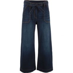Dżinsy 7/8 z wysoką talią i wiązanym paskiem Loose Fit bonprix ciemny denim. Czarne jeansy damskie bonprix, bez wzorów, z jeansu. Za 109,99 zł.