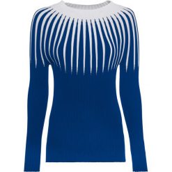Sweter dzianinowy w paski bonprix szafirowo-biały. Niebieskie swetry damskie bonprix, w paski, z dzianiny, bez rękawów, bez kaptura. Za 109,99 zł.