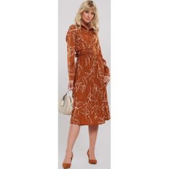 Brązowa Sukienka Colehill. Pomarańczowe sukienki damskie Renee, m, w paski, z tkaniny, eleganckie, z klasycznym kołnierzykiem, bez rękawów, długie, midi, rozkloszowane. Za 169,99 zł.