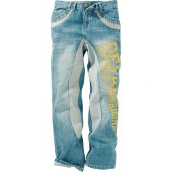 Dżinsy z nadrukiem bonprix dirty denim. Niebieskie jeansy męskie bonprix, z denimu. Za 79,99 zł.