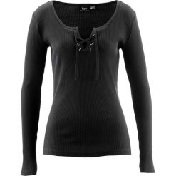 Shirt bawełniany w prążek, ze sznurowaniem bonprix czarny. Czarne koszulki damskie bonprix, bez wzorów, z bawełny, bez kołnierzyka. Za 37,99 zł.