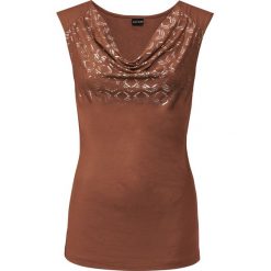 Shirt z metalicznym nadrukiem bonprix ceglasty brązowy. Pomarańczowe koszulki damskie bonprix, z nadrukiem, bez kołnierzyka, bez rękawów. Za 49,99 zł.