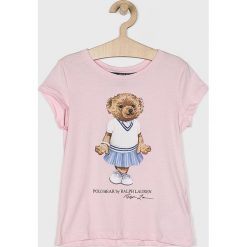 Polo Ralph Lauren - Top dziecięcy. Różowe bluzki dziewczęce Polo Ralph Lauren, z nadrukiem, z bawełny, z okrągłym kołnierzem, z krótkim rękawem, krótkie, bez kaptura. Za 179,90 zł.