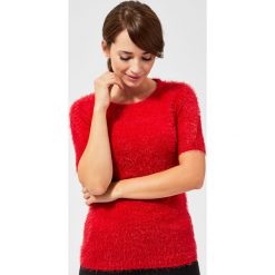 Sweter typu miś z krótkimi rękawami. Czerwone swetry damskie Moodo, l, bez wzorów, z nylonu, z długim rękawem, długie, bez kaptura. Za 29,99 zł.