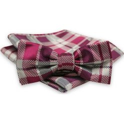 Bordowo-Szara Mucha Męska -ALTIES- z Taką Samą Poszetką, w Kratkę MUALTS0546. Szare muszki męskie Alties, na imprezę, w paski, eleganckie. Za 39,00 zł.