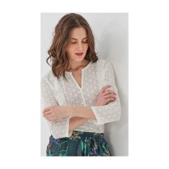 Bluzka z falbanką. Szare bluzki damskie Promod, bez wzorów, z tkaniny, eleganckie, z falbankami, z długim rękawem. Za 49,00 zł.