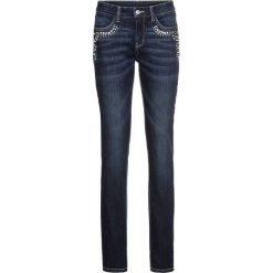 Dżinsy ze stretchem z ozdobnymi kamieniami SKINNY bonprix ciemnoniebieski "stone used". Niebieskie jeansy damskie bonprix. Za 99,99 zł.