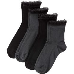 Skarpetki z falbanką (4 pary) bonprix szaro-czarny. Szare skarpetki damskie bonprix, bez wzorów, z bawełny. Za 24,99 zł.