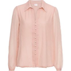 Bluzka w kropki bonprix dymny jasnoróżowy. Różowe koszulki damskie bonprix, w paski, eleganckie, bez kołnierzyka, bez rękawów. Za 59,99 zł.
