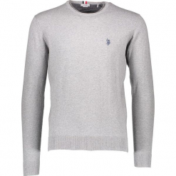 Sweter w kolorze szarym. Szare swetry klasyczne męskie marki U.S. Polo Assn., m, z haftami, z kaszmiru, z okrągłym kołnierzem. W wyprzedaży za 217,95 zł.