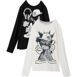 Shirt chłopięcy z długim rękawem (2 szt.), bawełna organiczna bonprix czarno-kremowy. Czarne koszule chłopięce bonprix, z nadrukiem, z bawełny, eleganckie, bez kołnierzyka, z długim rękawem, długie. Za 49,98 zł.