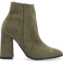 Botki khaki na słupku. Zielone botki damskie Arturo Vicci, ze skóry, na wysokim obcasie, na obcasie, na zamek. Za 299,00 zł.