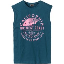 Koszulka bez rękawów Slim Fit bonprix niebieskozielony morski. Niebieskie koszulki męskie bonprix, s, z nadrukiem, bez kołnierzyka, bez rękawów. Za 29,99 zł.