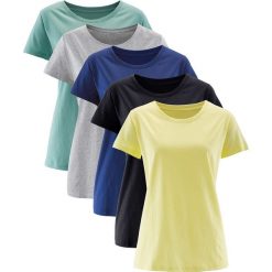 Długi shirt z okrągłym dekoltem (5 szt.), krótki rękaw bonprix jasna limonka + zielony szałwiowy + kobaltowy + jasnoszary melanż + czarny. Szare koszulki damskie bonprix, bez wzorów, z okrągłym kołnierzem, z długim rękawem. Za 89,95 zł.