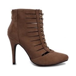 Brązowe Ażurowe botki na szpilce taupe Mokka. Pomarańczowe botki damskie ButyModne, na wiosnę, eleganckie, ze szpiczastym noskiem, na wysokim obcasie, na obcasie, na sznurówki. Za 69,00 zł.