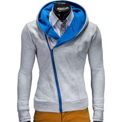 BLUZA MĘSKA ROZPINANA Z KAPTUREM PRIMO - SZARO/NIEBIESKA. Niebieskie bluzy męskie rozpinane marki Ombre Clothing, m, z bawełny, z kapturem. Za 75,00 zł.