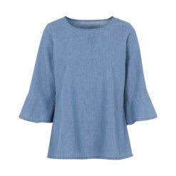 Cellbes Bluzka dżinsowa z rękawami z falbankami denim blue female niebieski 58/60. Niebieskie bluzki damskie Cellbes, z tkaniny, eleganckie, z okrągłym kołnierzem. Za 159,00 zł.