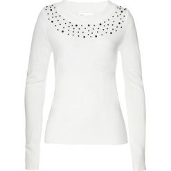 Sweter z perełkami bonprix biel wełny. Białe swetry damskie bonprix, bez wzorów, z wełny, bez rękawów, bez kaptura. Za 37,99 zł.
