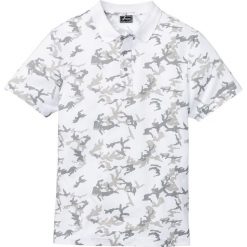 Shirt polo Slim Fit bonprix biały z nadrukiem. Białe koszulki męskie bonprix, s, z nadrukiem, bez rękawów. Za 44,99 zł.