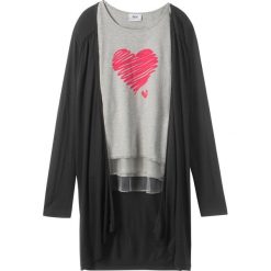 Shirt z długim rękawem + shirt bez zapięcia (2 części) bonprix jasnoszary melanż - czarny. Szare bluzki dziewczęce bonprix, z nadrukiem, z tiulu, bez kołnierzyka, z długim rękawem, długie, bez kaptura. Za 69,99 zł.