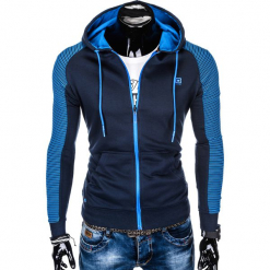 BLUZA MĘSKA ROZPINANA Z KAPTUREM B820 - GRANATOWA/NIEBIESKA. Niebieskie bejsbolówki męskie Ombre Clothing, m, z bawełny, z kapturem. Za 69,00 zł.
