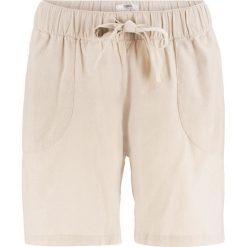 Szorty lniane z wiązanym paskiem bonprix beżowo-szary. Brązowe spodnie damskie bonprix. Za 74,99 zł.