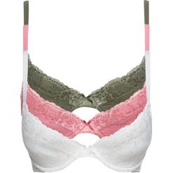 Biustonosz "push up" (3 szt.) bonprix oliwkowy + dymny morelowy + ecru. Zielone biustonosze bonprix, bez wzorów, z bawełny. Za 83,97 zł.