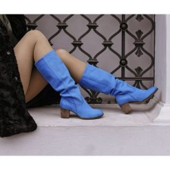 Dziurkowane kozaki na słupku - skóra naturalna - model 155 - kolor szafir. Szare kozaki damskie Zapato, do pracy, na lato, ze skóry, biznesowe, na wysokim obcasie, na obcasie, bez zapięcia. Za 489,00 zł.