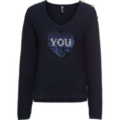 Sweter z cekinami bonprix ciemnoniebiesko-srebrny. Niebieskie swetry rozpinane damskie bonprix. Za 109,99 zł.