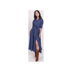 Sukienka maxi kopertowa , SUK173 jeans. Niebieskie sukienki damskie Lanti, w paski, z jeansu, bez kołnierzyka, bez rękawów, maxi, kopertowe. Za 237,00 zł.