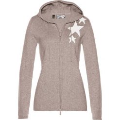 Sweter rozpinany bonprix kamienisto-biel wełny. Szare swetry damskie bonprix, bez wzorów, z wełny, bez rękawów, z kapturem. Za 99,99 zł.