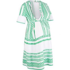 Sukienka ciążowa i do karmienia bonprix zieleń trawy z nadrukiem. Zielone sukienki damskie bonprix, w paski, z wiskozy, bez kołnierzyka, moda ciążowa, bez rękawów. Za 109,99 zł.