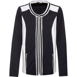 Shirt rozpinany w kontrastowych kolorach bonprix czarno-biały. Czarne koszulki damskie bonprix, w paski, z elastanu, eleganckie, z okrągłym kołnierzem, bez rękawów. Za 149,99 zł.