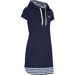 Sukienka shirtowa z bawełny, krótki rękaw bonprix ciemnoniebieski. Niebieskie sukienki damskie bonprix, w paski, z bawełny, z kapturem, z krótkim rękawem, krótkie, mini. Za 89,99 zł.