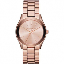 Zegarek kwarcowy "Runway Slim" w kolorze różowozłotym. Żółte, analogowe zegarki damskie Michael Kors, ze stali. W wyprzedaży za 431,95 zł.