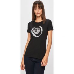 Trussardi Jeans - T-shirt. Niebieskie bluzki damskie Trussardi Jeans, s, z nadrukiem, z elastanu, z okrągłym kołnierzem. W wyprzedaży za 129,90 zł.