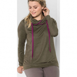 Koszulka w kolorze khaki. Brązowe bluzki asymetryczne Sheego, z długim rękawem. W wyprzedaży za 56,95 zł.