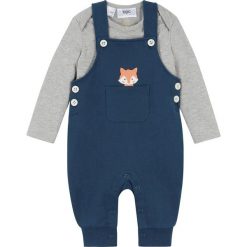 Body i spodnie ogrodniczki (2 części), bawełna organiczna bonprix jasnoszary melanż - ciemnoniebieski. Szare body niemowlęce bonprix, z nadrukiem, z bawełny, z długim rękawem. Za 74,99 zł.