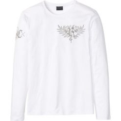 Shirt z długim rękawem i sztrasami Slim Fit bonprix biały z nadrukiem. Białe koszulki męskie bonprix, s, z nadrukiem, z okrągłym kołnierzem, z długim rękawem, długie. Za 44,99 zł.