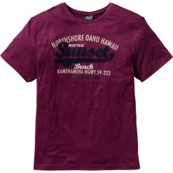T-shirt z nadrukiem i aplikacją bonprix jeżynowy melanż. Fioletowe koszulki męskie bonprix, s, z nadrukiem, bez kołnierzyka, bez rękawów. Za 44,99 zł.