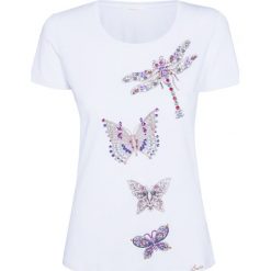 T-shirt EAN13. Białe bluzki damskie Ean13, z aplikacjami, z elastanu, z okrągłym kołnierzem. W wyprzedaży za 268,00 zł.