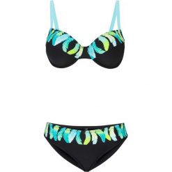 Bikini na fiszbinach (2 części) bonprix czarno-turkusowy. Czarne stroje kąpielowe damskie bonprix, z nadrukiem. Za 89,99 zł.